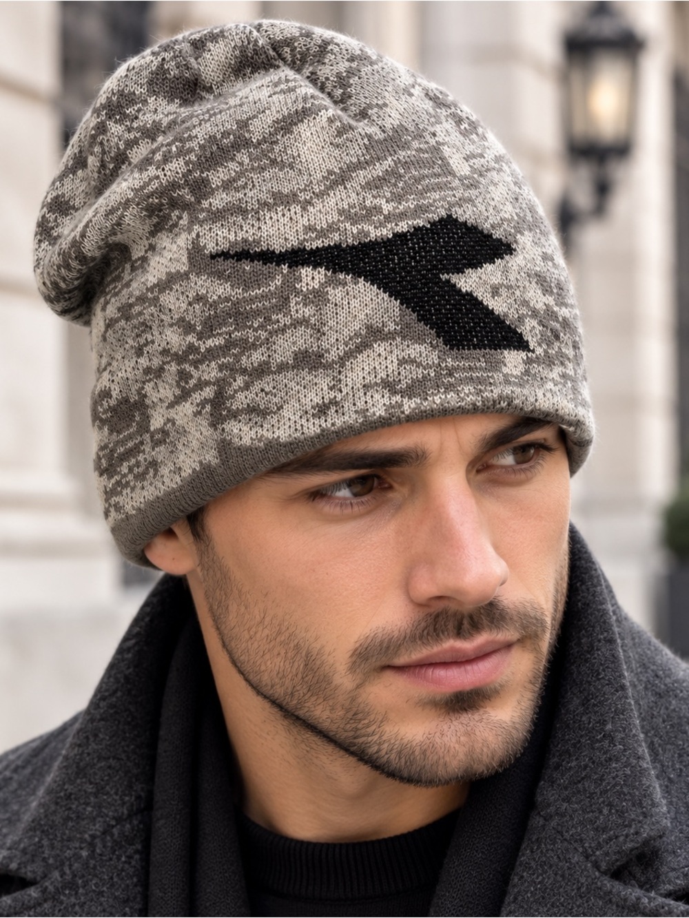 Diadora Gray Camo Slouch Stretch Beanie Soft Knit Italian Made Hat Unisex, OSFA